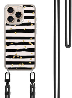 Casimoda iPhone 16 Pro hoesje met zwart koord - Hart streepjes Zwart, Goudkleurig
