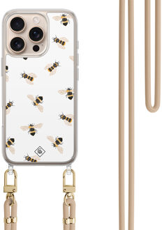 Casimoda iPhone 16 Pro Max hoesje met beige koord - Bee happy Zwart, Goudkleurig