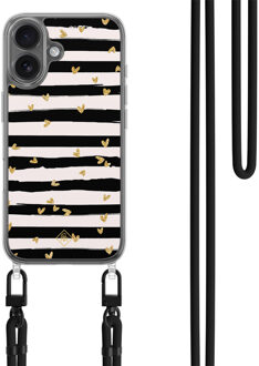 Casimoda iPhone 17 hoesje met zwart koord - Hart streepjes Zwart, Goudkleurig