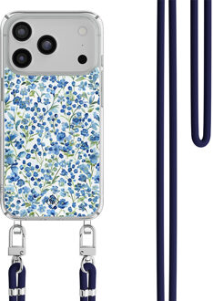 Casimoda iPhone 17 Pro hoesje met donkerblauw koord - Vintage blue floral