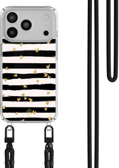 Casimoda iPhone 17 Pro hoesje met zwart koord - Hart streepjes Zwart, Goudkleurig