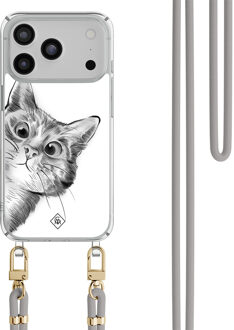 Casimoda iPhone 17 Pro Max hoesje met grijs koord - Peekaboo kat Grijs/zilverkleurig