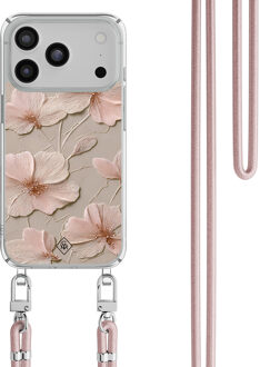 Casimoda iPhone 17 Pro Max hoesje met rosegoud koord - Soft flowers Bruin/beige