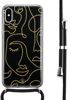 Casimoda iPhone X/XS hoesje met koord - Abstract faces Zwart, Goudkleurig