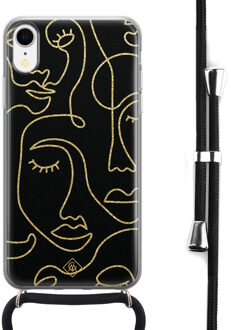 Casimoda iPhone XR hoesje met koord - Abstract faces Zwart, Goudkleurig