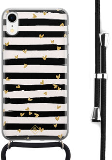 Casimoda iPhone XR hoesje met koord - Hart streepjes Zwart