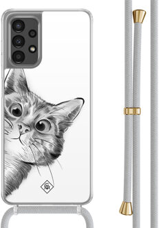 Casimoda Samsung Galaxy A13 4G hoesje met grijs koord - Peekaboo kat Grijs/zilverkleurig