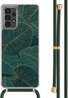 Casimoda Samsung Galaxy A13 4G hoesje met groen koord - Monstera leaves Zwart, Goudkleurig