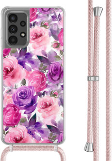 Casimoda Samsung Galaxy A13 4G hoesje met rosegoud koord - Rosy blooms Paars