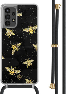 Casimoda Samsung Galaxy A13 4G hoesje met zwart koord - Bee happy Zwart, Goudkleurig