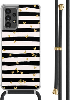 Casimoda Samsung Galaxy A13 4G hoesje met zwart koord - Hart streepjes Zwart, Goudkleurig