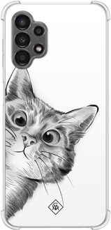 Casimoda Samsung Galaxy A13 4G shockproof hoesje - Kat kiekeboe Grijs/zilverkleurig