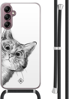 Casimoda Samsung Galaxy A14 hoesje met koord - Peekaboo kat Wit