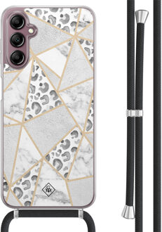Casimoda Samsung Galaxy A14 hoesje met koord - Stone & leopard Grijs/zilverkleurig
