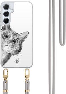 Casimoda Samsung Galaxy A15 hoesje met grijs koord - Peekaboo kat Grijs/zilverkleurig