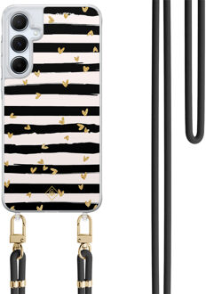 Casimoda Samsung Galaxy A15 hoesje met zwart koord - Hart streepjes Zwart, Goudkleurig