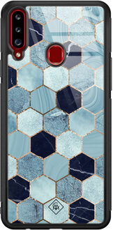 Casimoda Samsung Galaxy A20s glazen hardcase - Blue cubes Blauw