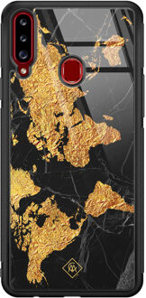 Casimoda Samsung Galaxy A20s glazen hardcase - Wereldkaart Goudkleurig