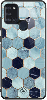 Casimoda Samsung Galaxy A21s glazen hardcase - Blue cubes Blauw