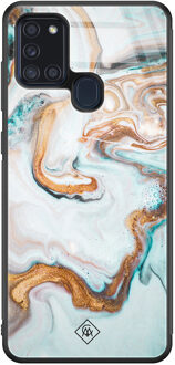 Casimoda Samsung Galaxy A21s glazen hardcase - Goud blauw marmer