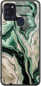Casimoda Samsung Galaxy A21s glazen hardcase - Green waves Groen