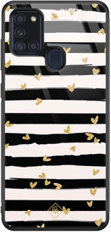 Casimoda Samsung Galaxy A21s glazen hardcase - Hart streepjes Zwart