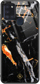 Casimoda Samsung Galaxy A21s glazen hardcase - Marmer zwart oranje