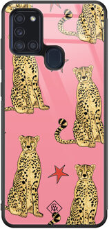 Casimoda Samsung Galaxy A21s glazen hardcase - The pink leopard Roze