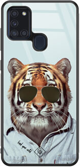 Casimoda Samsung Galaxy A21s glazen hardcase - Tijger wild Blauw