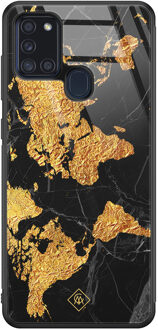 Casimoda Samsung Galaxy A21s glazen hardcase - Wereldkaart Goudkleurig