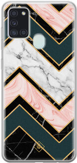 Casimoda Samsung Galaxy A21s siliconen hoesje - Marmer triangles Zwart, Goudkleurig