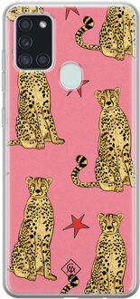 Casimoda Samsung Galaxy A21s siliconen hoesje - The pink leopard Zwart, Bruin/beige