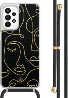 Casimoda Samsung Galaxy A23 hoesje met koord - Abstract faces Zwart, Goudkleurig