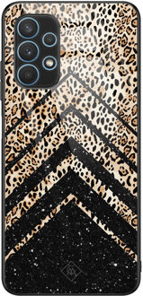 Casimoda Samsung Galaxy A32 4G glazen hardcase - Chevron luipaard Zwart, Bruin/beige