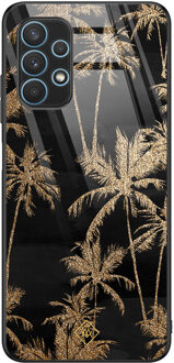 Casimoda Samsung Galaxy A32 4G glazen hardcase - Palmbomen Zwart, Goudkleurig
