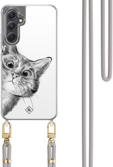 Casimoda Samsung Galaxy A34 hoesje met grijs koord - Peekaboo kat Grijs/zilverkleurig