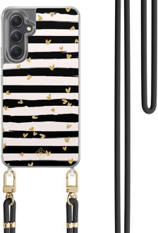 Casimoda Samsung Galaxy A34 hoesje met zwart koord - Hart streepjes Zwart, Goudkleurig