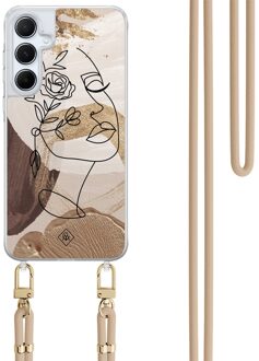 Casimoda Samsung Galaxy A35 hoesje met beige koord - Abstract gezicht bruin Bruin/beige
