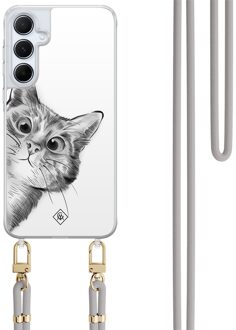 Casimoda Samsung Galaxy A35 hoesje met grijs koord - Peekaboo kat Grijs/zilverkleurig