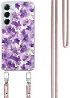 Casimoda Samsung Galaxy A35 hoesje met rosegoud koord - Floral violet Paars