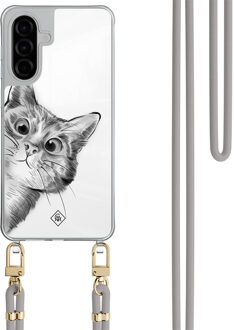 Casimoda Samsung Galaxy A36 hoesje met grijs koord - Peekaboo kat Grijs/zilverkleurig