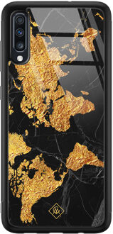 Casimoda Samsung Galaxy A50 glazen hardcase - Wereldkaart Goudkleurig