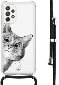 Casimoda Samsung Galaxy A52 hoesje met koord - Kiekeboe kat Wit