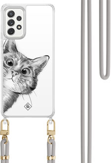 Casimoda Samsung Galaxy A52(s) hoesje met grijs koord - Peekaboo kat Grijs/zilverkleurig