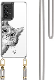 Casimoda Samsung Galaxy A53 hoesje met grijs koord - Peekaboo kat Grijs/zilverkleurig