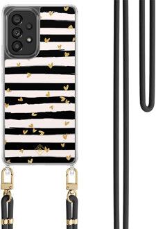 Casimoda Samsung Galaxy A53 hoesje met zwart koord - Hart streepjes Zwart, Goudkleurig