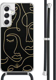 Casimoda Samsung Galaxy A54 hoesje met koord - Abstract faces Zwart, Goudkleurig