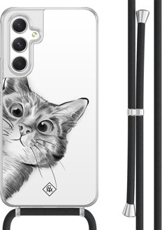 Casimoda Samsung Galaxy A54 hoesje met koord - Peekaboo kat Wit