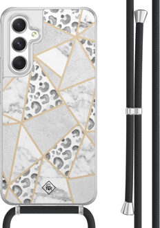 Casimoda Samsung Galaxy A54 hoesje met koord - Stone & leopard Grijs/zilverkleurig