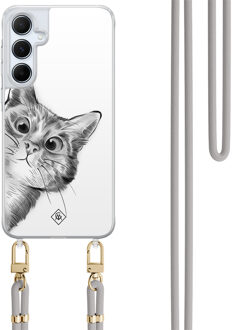 Casimoda Samsung Galaxy A55 hoesje met grijs koord - Peekaboo kat Grijs/zilverkleurig